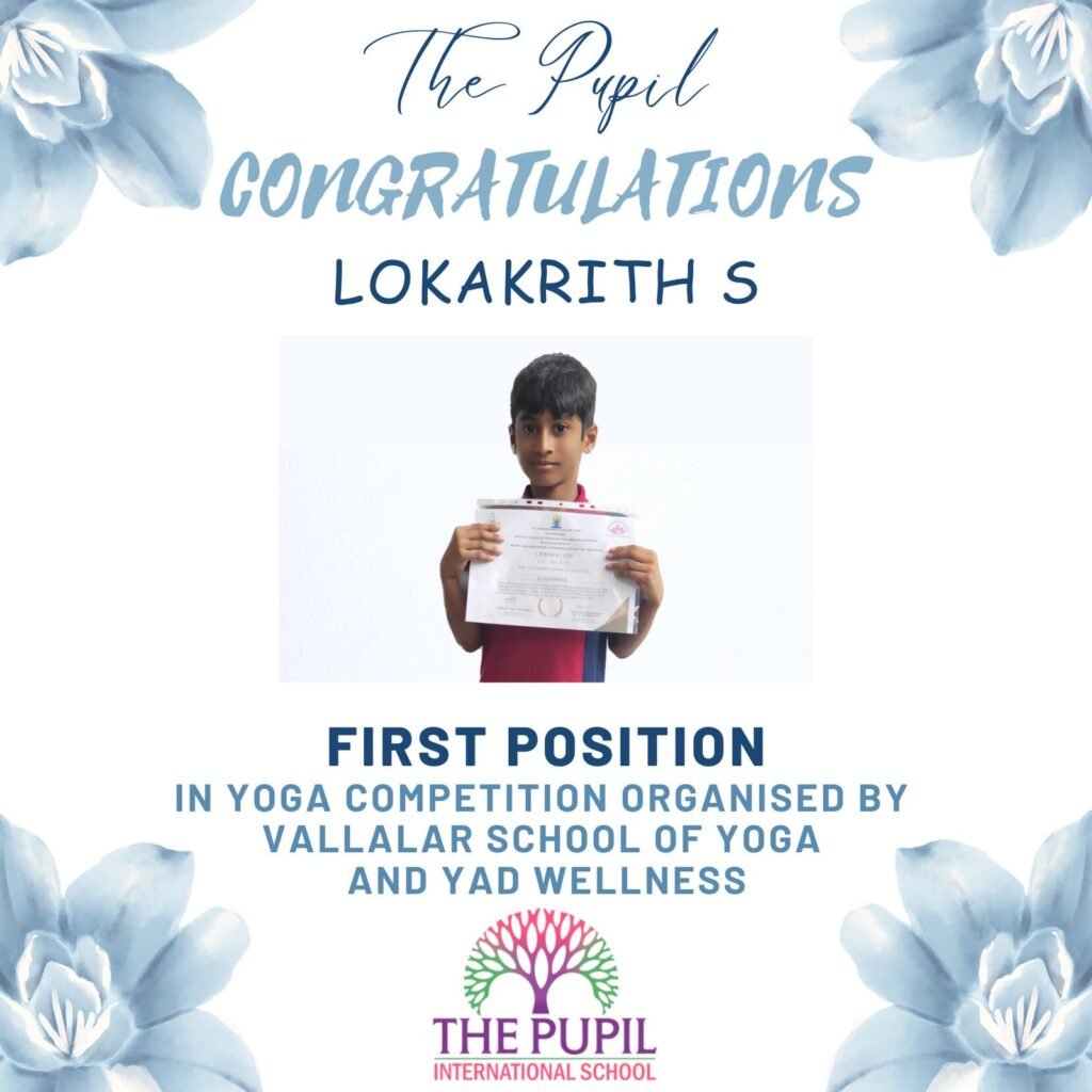 Lokakrith S Takes the Crown: First Place in Online Yoga Competition on International Yoga Day 2023 at The Pupil International School