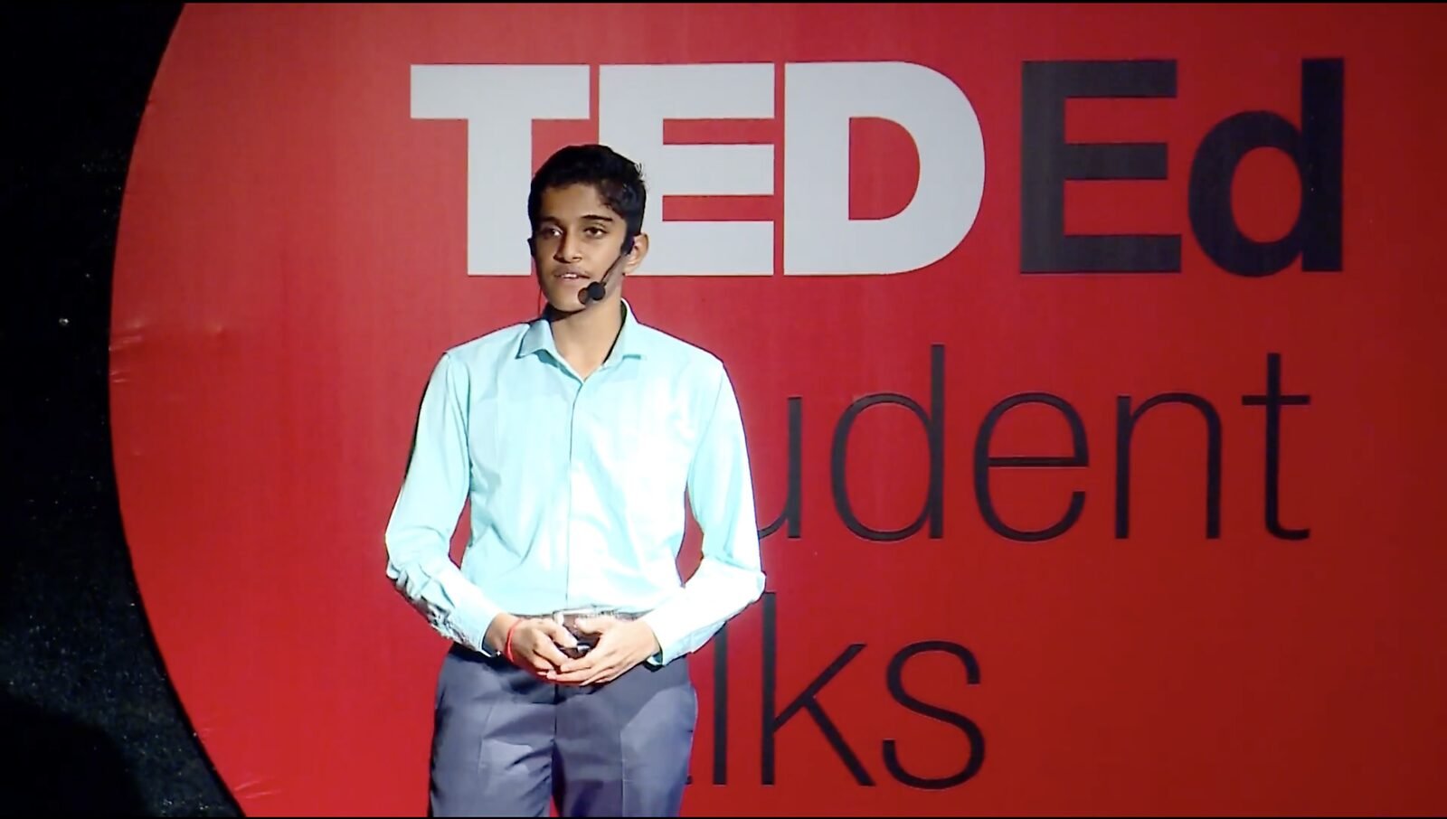 A student giving his talk on the TED-Ed Student Talks stage.