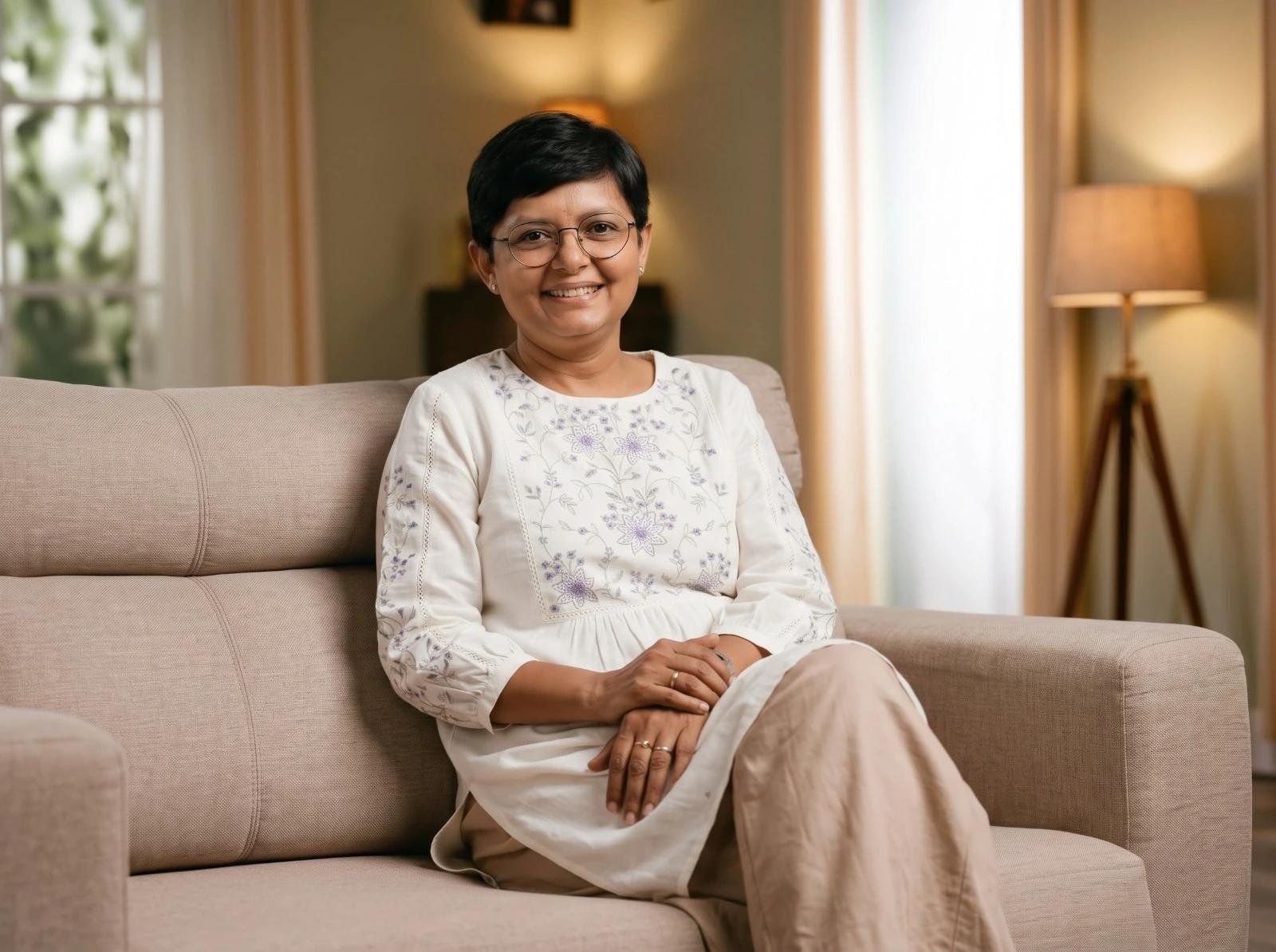 Saveetha mam, seated at home.