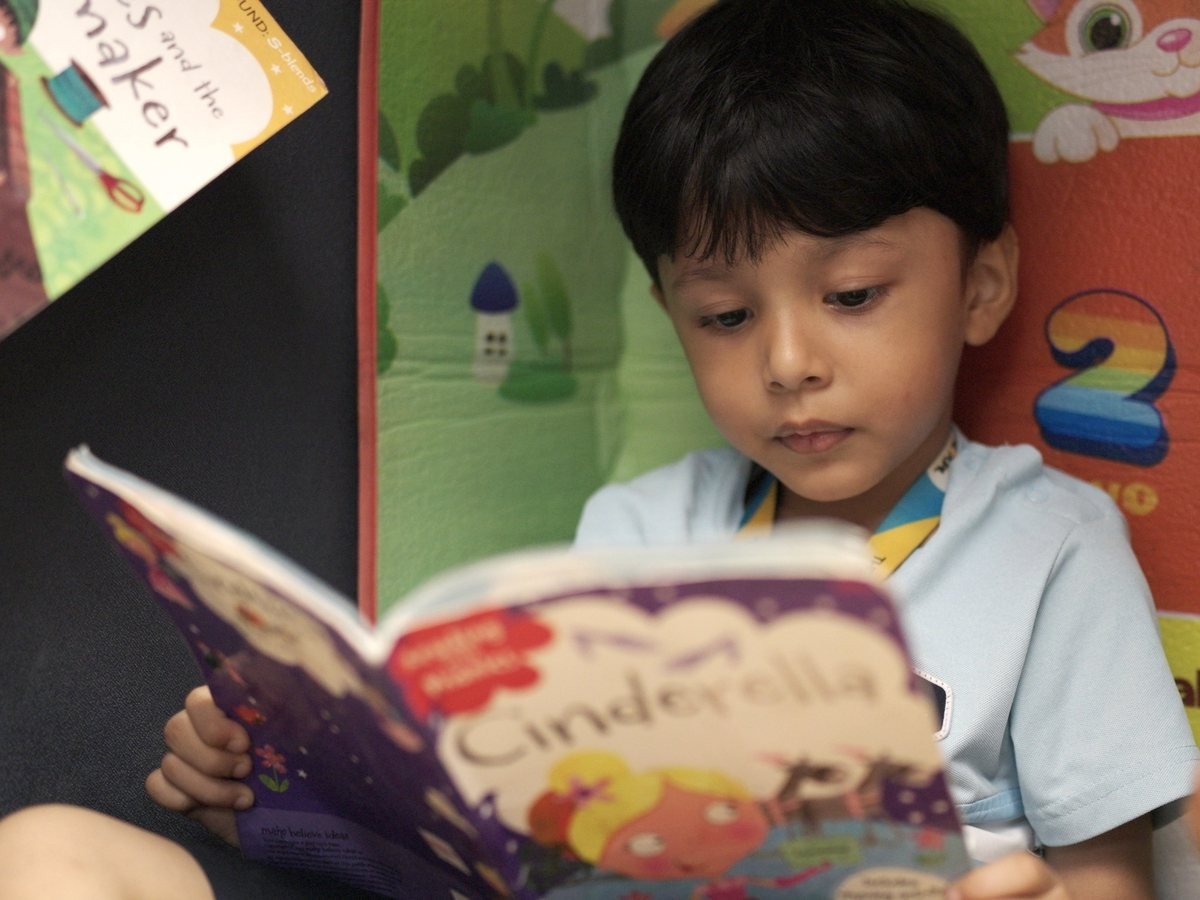 A young boy reading a picture book.