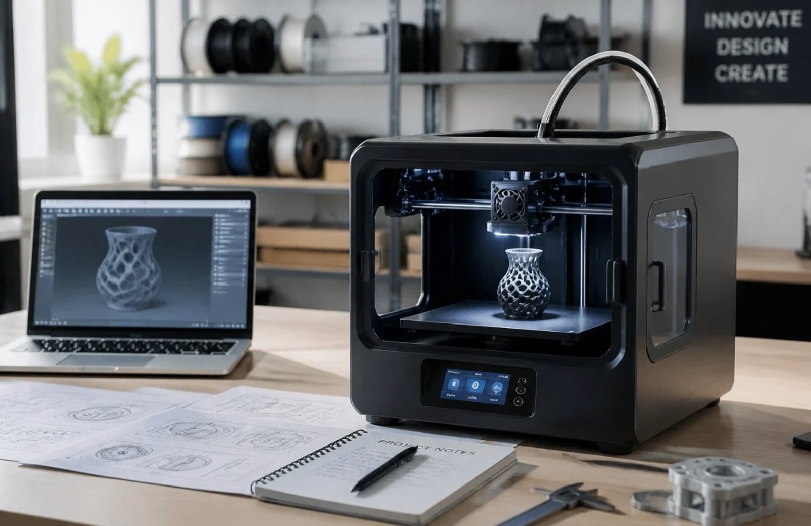 A 3D printer producing a student-designed model.