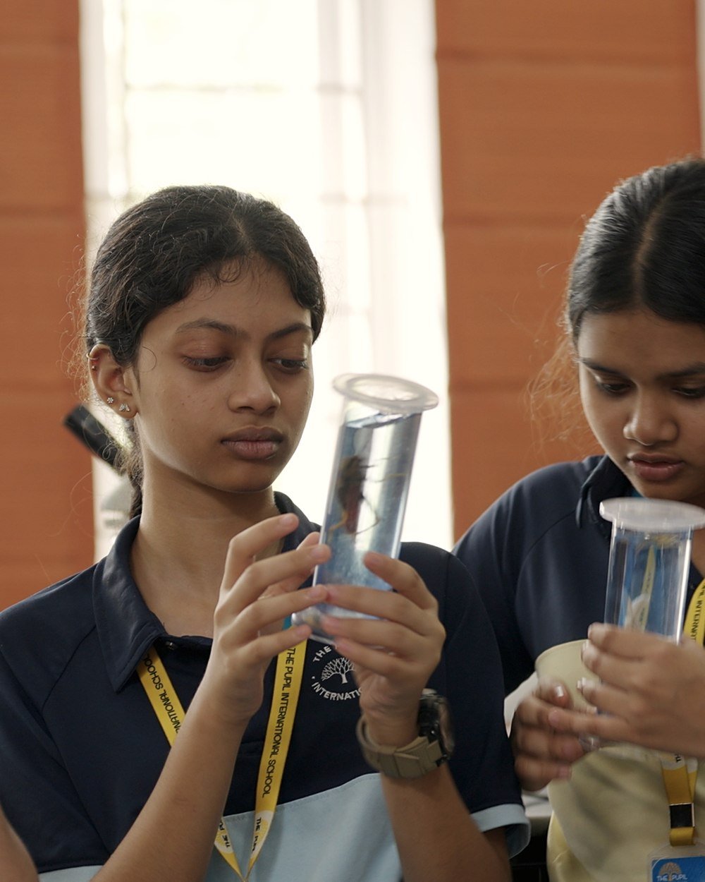 Middle Years students examining specimen jars in a science lesson.