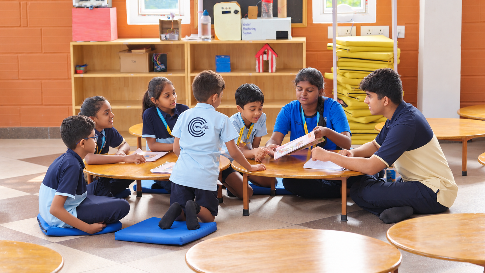 Older and younger students reading together at low classroom tables at The Pupil International School, Chennai.