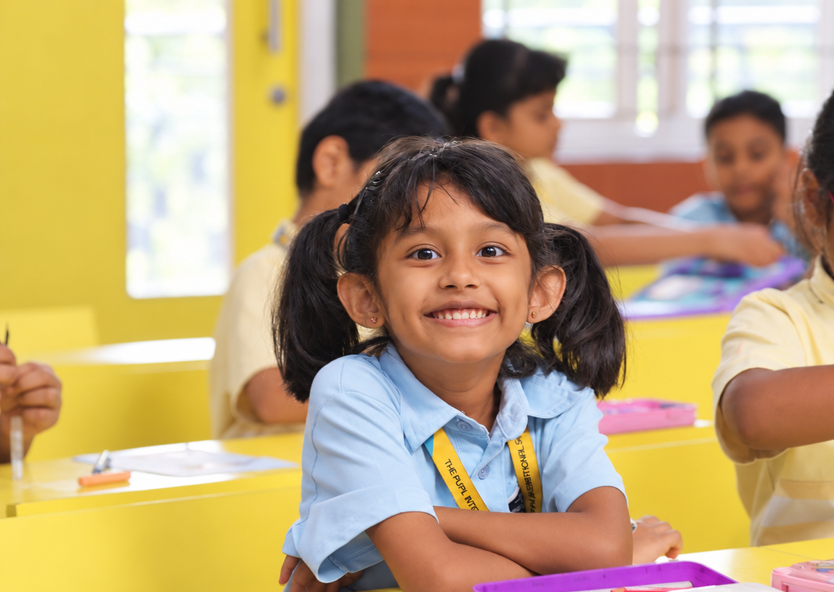Smiling student seated at a yellow desk with classmates at The Pupil International School, Chennai.